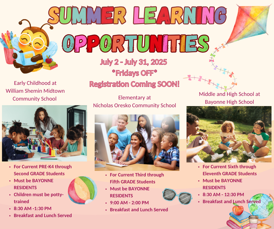 Image with 3 small pictures of students of varying ages with information regarding summer learning opportunities.